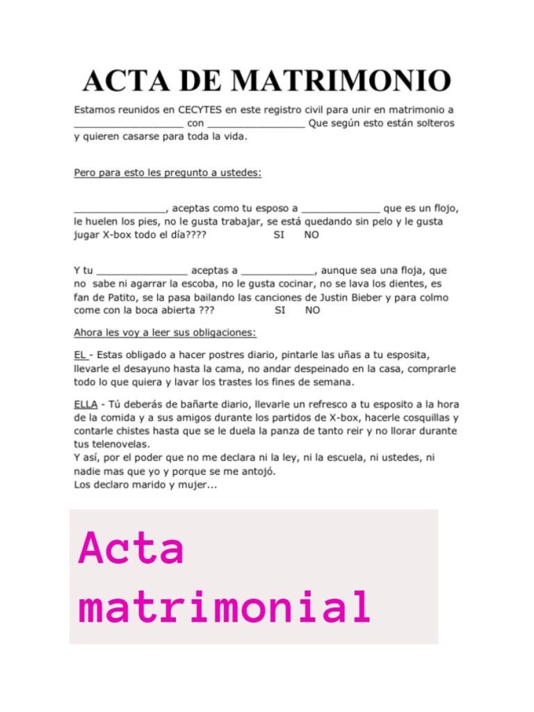 Acta matrimonial. Acta de matrimonio